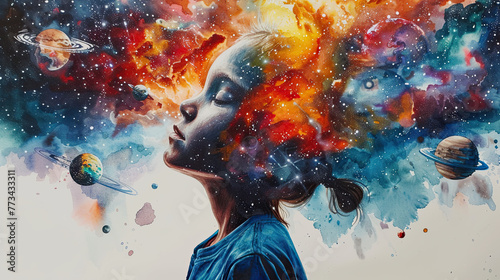 child Astronaut imagining space in mind merged brain with watercolor space art, gateway to another universe.space, cosmonaut and galaxy for poster, banner , future, science fiction, astronomy photo