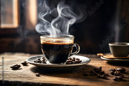 Capture the essence of a cozy morning with a close-up, ultra-realistic image of a freshly brewed cup of coffee