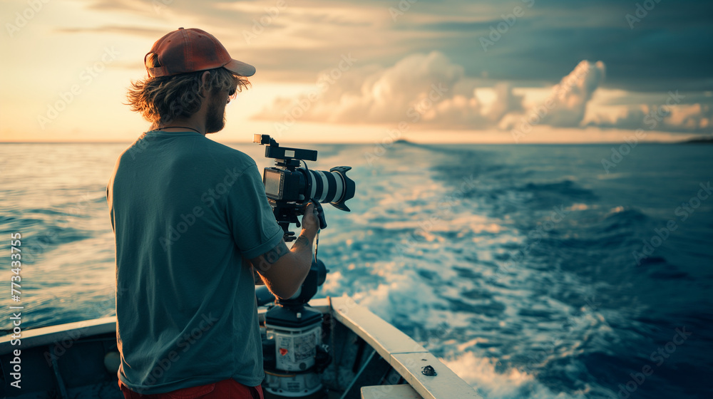 Obraz premium A filmmaker on a boat, video camera in hand, documenting the majestic beauty of the ocean and its marine life, highlighting the need for environmental conservation, the horizon str