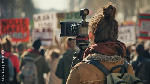 A reporter in the heart of a peaceful protest, video camera in hand, documenting the powerful expressions of hope and demand for change among the crowd, the vibrant signs and faces