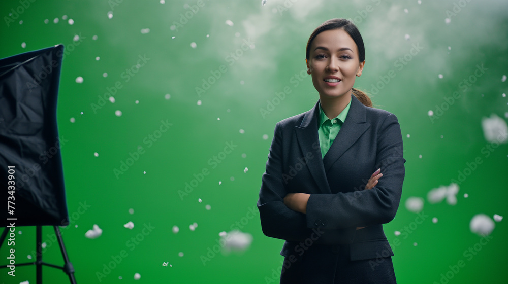 A weather reporter in front of a green screen, animated graphics illustrating upcoming weather patterns swirling around them, demonstrating the blend of technology and storytelling A weather reporter in front of a green screen, animated graphics illustrating upcoming weather patterns swirling around them, demonstrating the blend of technology and storytelling