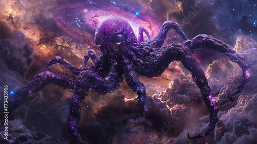 Fototapeta Naklejka Na Ścianę i Meble -  purple scary alien illustration merged with watercolor art Astronaut space exploration, gateway to another universe.space, cosmonaut and galaxy for poster, banner , future, science fiction, astronomy