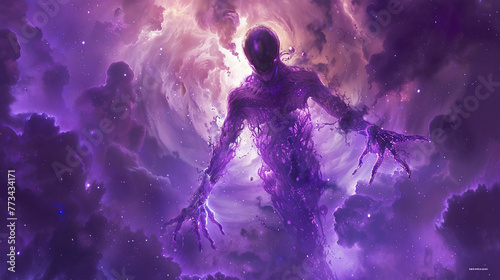 Fototapeta Naklejka Na Ścianę i Meble -  purple scary alien illustration merged with watercolor art Astronaut space exploration, gateway to another universe.space, cosmonaut and galaxy for poster, banner , future, science fiction, astronomy