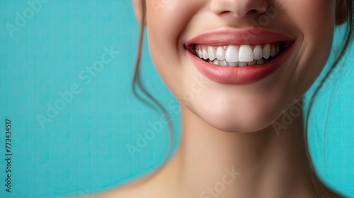 A closeup of a womans smiling mouth, nose, and eyelashes on a blue background. dental illustration photo