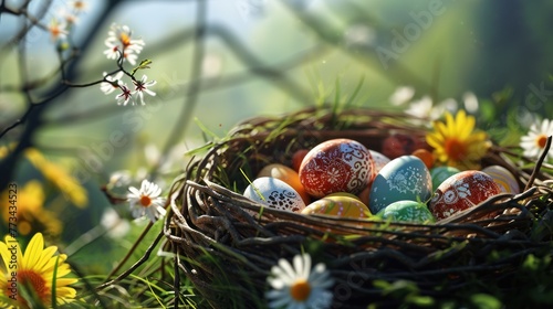 A nest filled with colorful Easter eggs surrounded by daisies and grass.