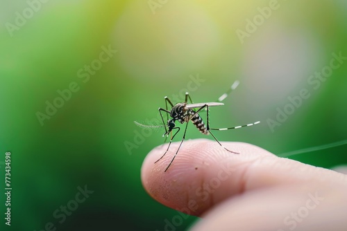 Close up of a mosquito biting skin on an arm, closeup focused photo