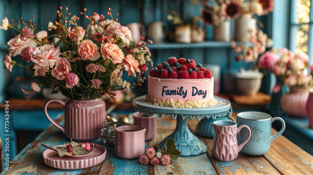 A sweet homemade cheesecake with berries and cups of coffee on the table surrounded by summer flowers, symbol of family unity and happiness, Happiness Day or Family Day celebration background