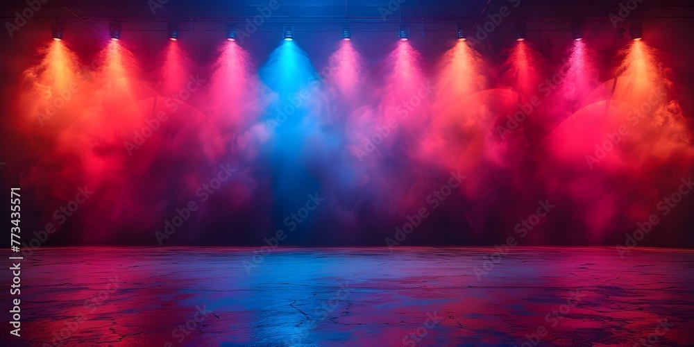 Vibrant and dynamic atmosphere on an empty stage with colorful spotlights for product display or performance. Concept Stage Lighting, Product Display, Dynamic Atmosphere, Vibrant Colors