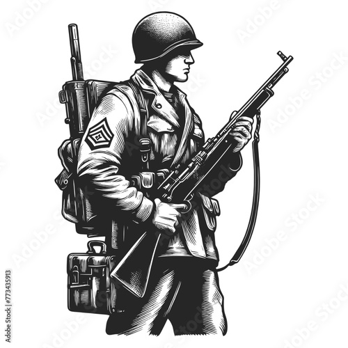 soldier portrait wearing a military helmet in a vintage engraving style sketch engraving generative ai fictional character vector illustration. Scratch board imitation. Black and white image.