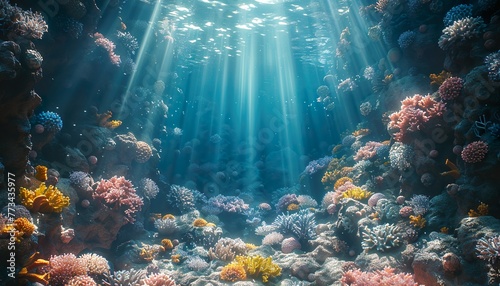 Underwater scene with sunbeams shining through the water surface. 