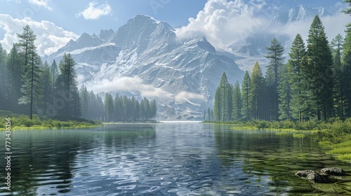 lake and coniferous forest at Mountain foot 