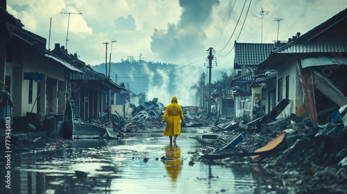 Person in Yellow Raincoat in Devastated Area. A solitary figure in a yellow raincoat walks through a flooded, destroyed neighborhood, evoking a somber atmosphere.