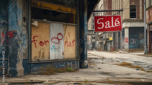 A boarded-up storefront with "For Sale" signs and graffiti-covered walls, surrounded by empty streets and abandoned buildings.