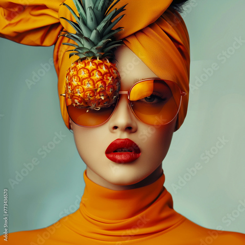 Fashion portrait of beautiful woman with pineapple in sunglasses. Beauty, fashion.