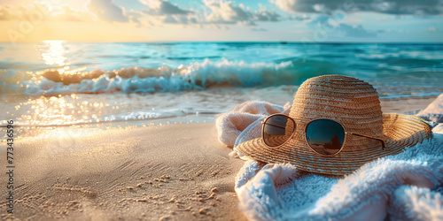 Fototapeta Naklejka Na Ścianę i Meble -  Closeup of hat and sunglasses on towel on beach