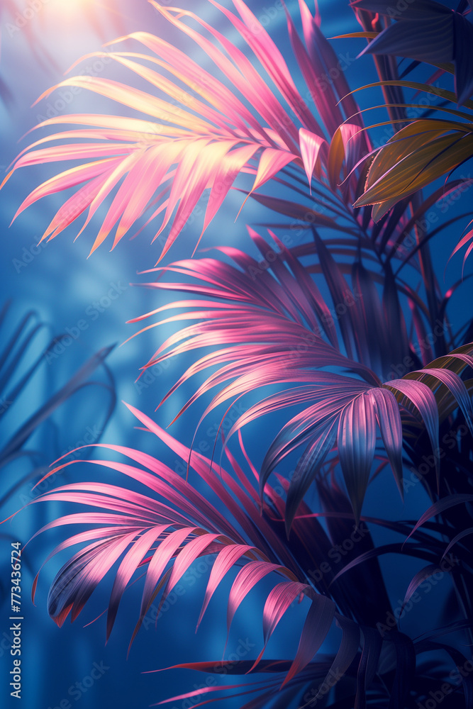 Palm leaves in neon lighting tropical background Palm leaves in neon lighting tropical background