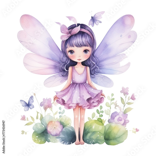 Little Girl With Purple Hair and Butterfly on Wings