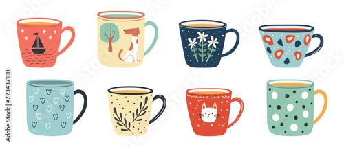 Vector set of modern, cute coffee or tea cups decorated with design elements isolated on white background. Hand drawn cartoon flat design, colorful mugs collection.
