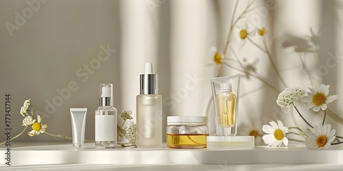 Closeup of skincare products including cream lotion serum and oil in elegant packaging. Concept Skincare Products, Close-up Photography, Elegant Packaging, Cream, Lotion, Serum, Oil photo