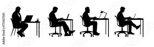 Set of silhouette of man working on laptop at desk - vector illustration