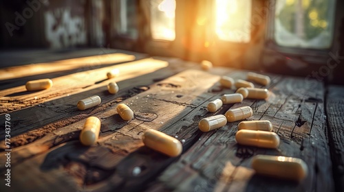 Herbal pills scattered on rustic wooden table with natural light photo