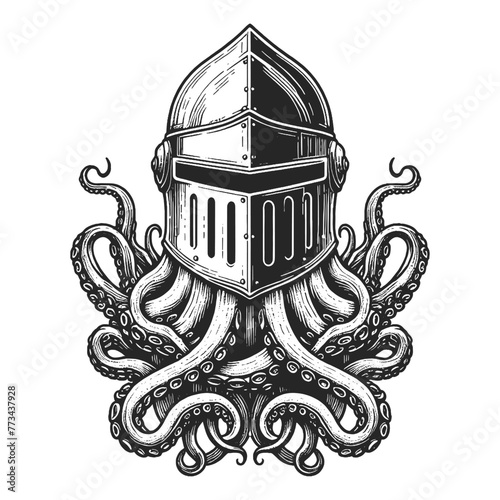 knight helmet atop a tangle of octopus tentacles, blending medieval armor with marine life sketch engraving generative ai vector illustration. Scratch board imitation. Black and white image.