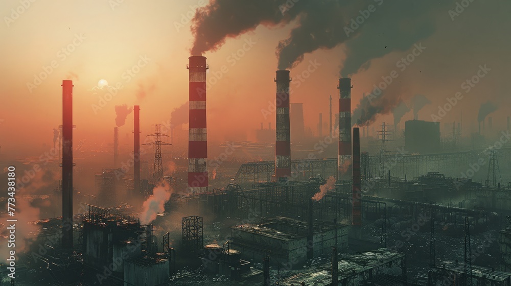 Red-striped smokestacks towering over an industrial complex amidst the haze of emissions