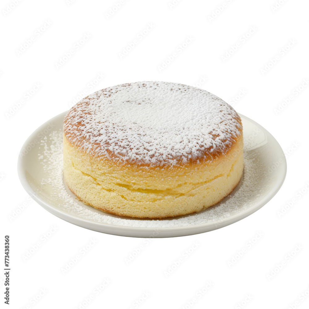 Japanese cotton cheesecake, lightly dusted with powdered sugar, on a white plate. Japanese cotton cheesecake, lightly dusted with powdered sugar, on a white plate.