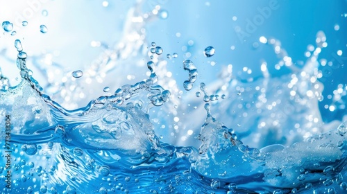 Side view close up photo of splash of fresh blue water background