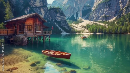 Perfect scenery of famous alpine lake Braies (Pragser Wildsee). Location Dolomiti Alps, national park Fanes-Sennes-Braies, Italy, Europe. Scenic image of Italian Alps. Discover the beauty of earth.  photo