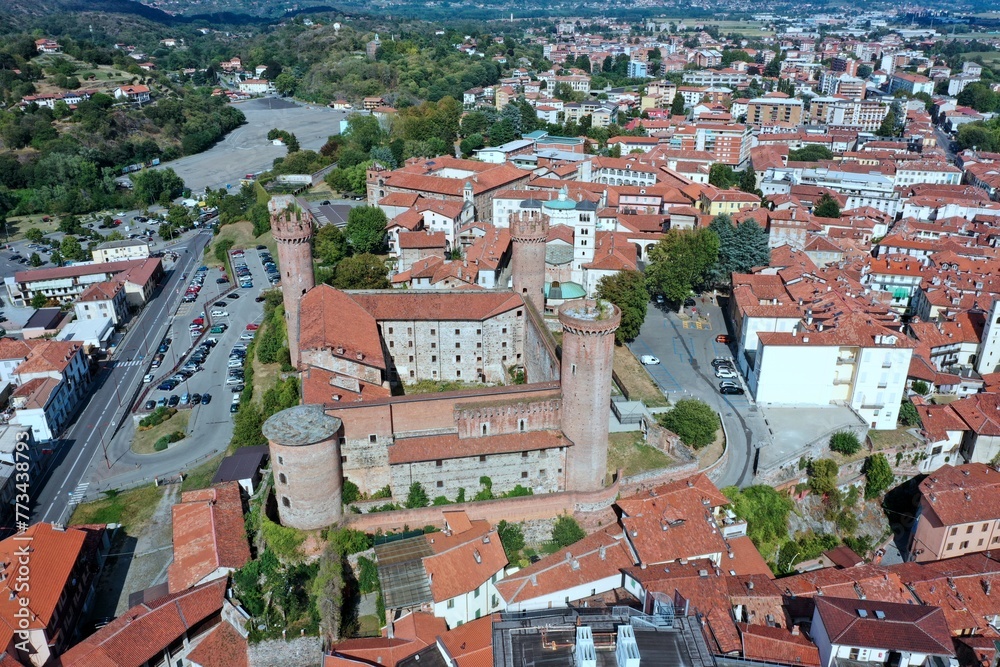 aerial view of the center of the city of Ivrea with The Castle of Ivrea also known as 