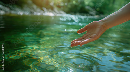 Hand touching clear emerald water in nature, environmental gesture to save natural resources.