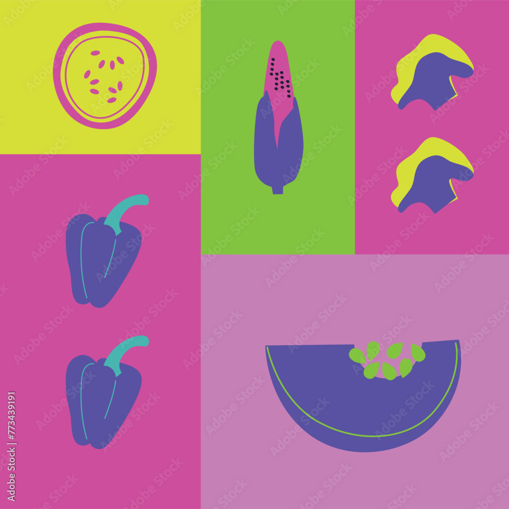 Fruits and berries. Summer fruits vector collection. Flat abstract style