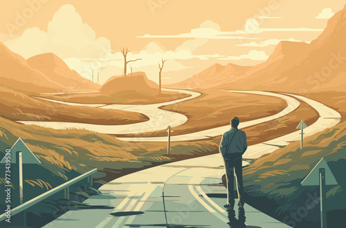Man at two roads deciding for best chance of environment
