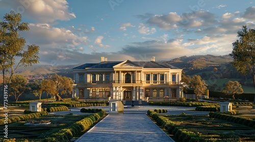 A majestic 3D rendering of a modern classic house in colonial style, set against a backdrop of rolling hills and expansive sky
