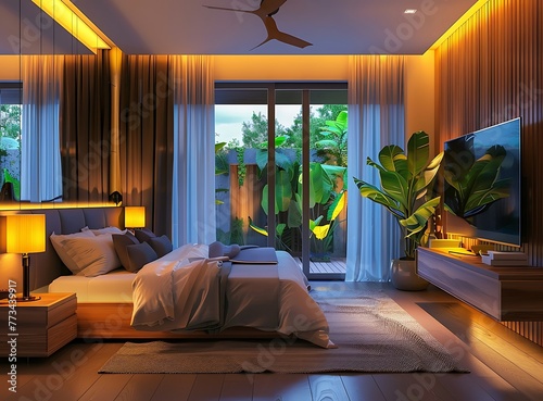 Modern hotel room with a double bed and TV, interior design of a modern luxury bedroom in the evening time at a tropical resort, contemporary style