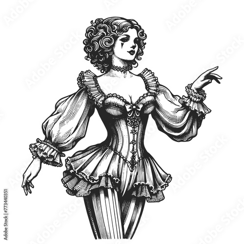 vintage pin-up clown girl wearing a corset and stockings, in a classic pose sketch engraving generative ai fictional character vector illustration. Scratch board imitation. Black and white image.