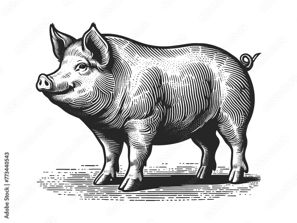 Fat pig in a vintage engraving style, with detailed shading and textures sketch engraving generative ai fictional character vector illustration. Scratch board imitation. Black and white image. - obrazy, fototapety, plakaty 