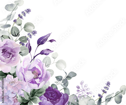 Floral corner border. Violet, lilac, purple watercolor flowers. Roses, peonies, eucalyptus leaves for elegant wedding invitation, greeting cards, fashion design. Hand painted illustration © Nataliya Kunitsyna