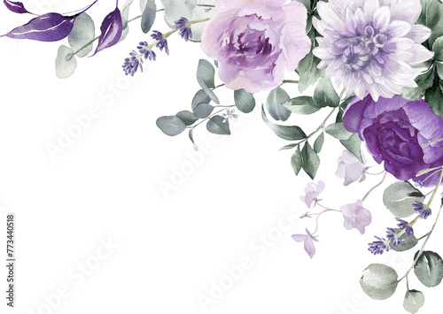 Floral corner border. Violet, lilac, purple watercolor flowers. Roses, peonies, eucalyptus leaves for elegant wedding invitation, greeting cards, fashion design. Hand painted illustration