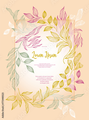 Bay leaves frame vector greeting card template. Rustic card design with laure...
