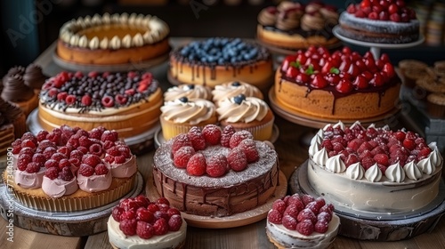 different fruit cakes on a wooden table
