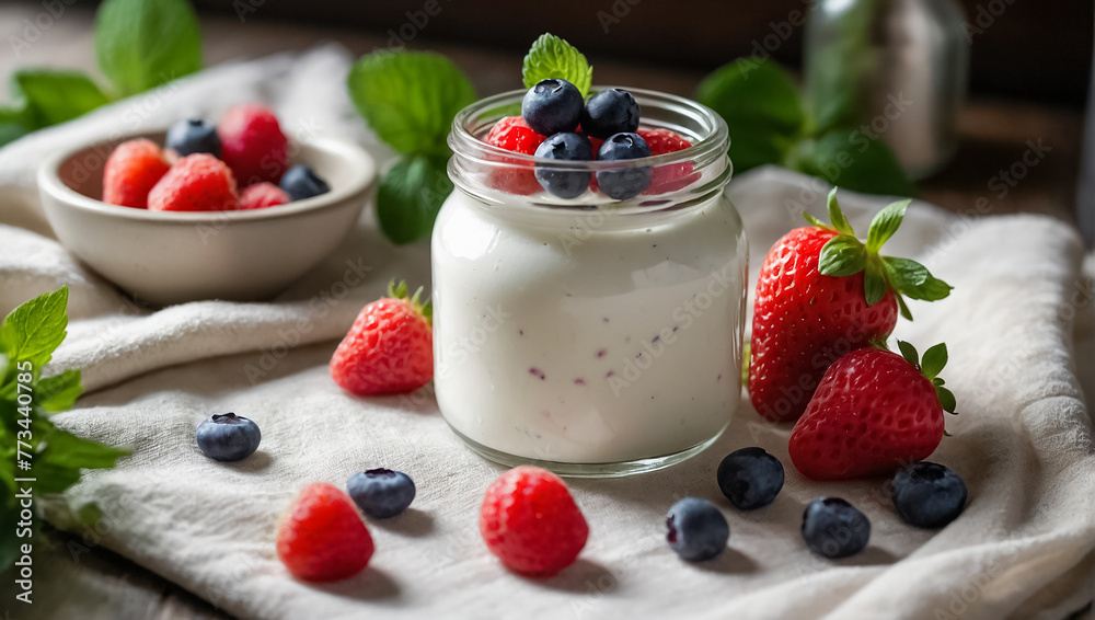 jar of delicious yogurt with strawberries, blueberries and mint in the kitchen jar of delicious yogurt with strawberries, blueberries and mint in the kitchen