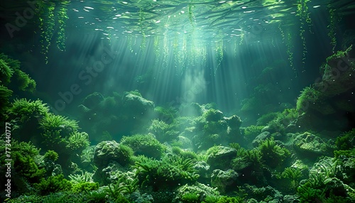 Underwater view of a group of seabed with green cinematic lighting, volumetric lighting, © Animager