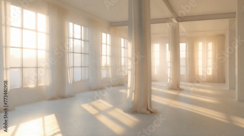 Surreal dreamy pastel interior, large windows with a city view
