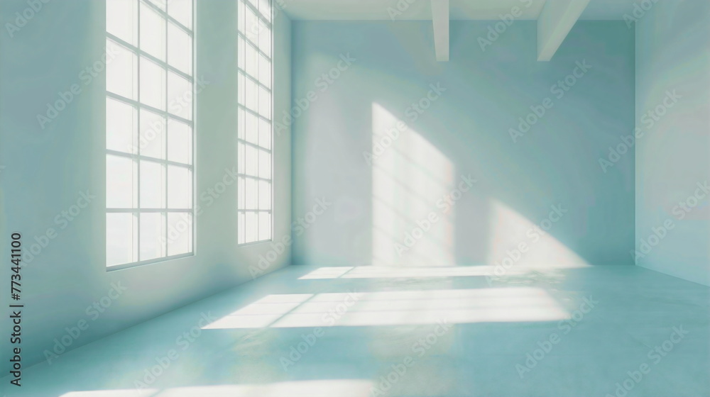 Obraz premium Empty room with large windows and light blue walls, sunlight