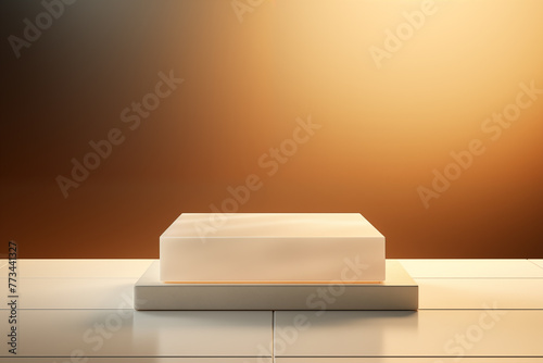 A minimalist white display box featuring a luminescent edge, set against a warm gradient backdrop, perfect for highlighting luxury items