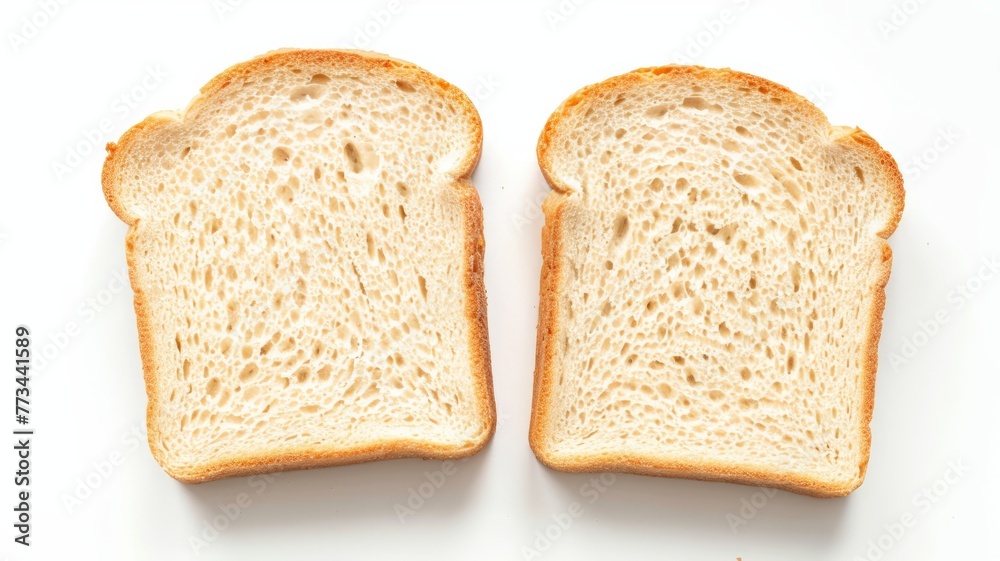 Two slices of bread have been cut in half and are placed on a white surface Two slices of bread have been cut in half and are placed on a white surface