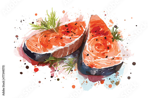 Raw steak of salmon, trout, slice of fresh raw fish isolated on white background with clipping path vector art painting