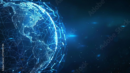 World map and global connections, futuristic digital globe symbolizing human connectivity, stylish blue CGI illustration #773441744